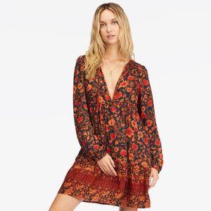 NWOT BILLABONG FLORAL DEEP V NECK LS DRESS SZ M